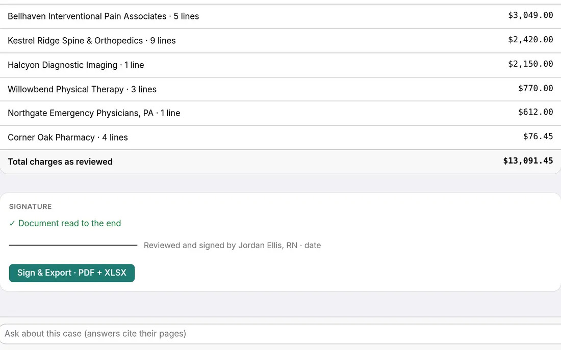 The signature step: confirmation that the document was read to the end, a signature line for the reviewing nurse, and a Sign and Export button for PDF and Excel.